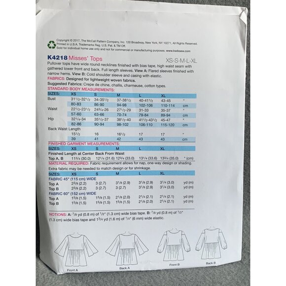 Kwik Sew K4218 Misses Shirt Sewing Pattern XS-XL uncut - Picture 2 of 2